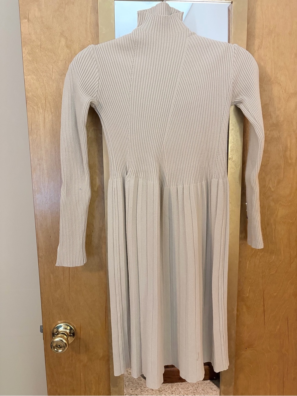 Ribbed Long Sleeve Midi Dress in Beige